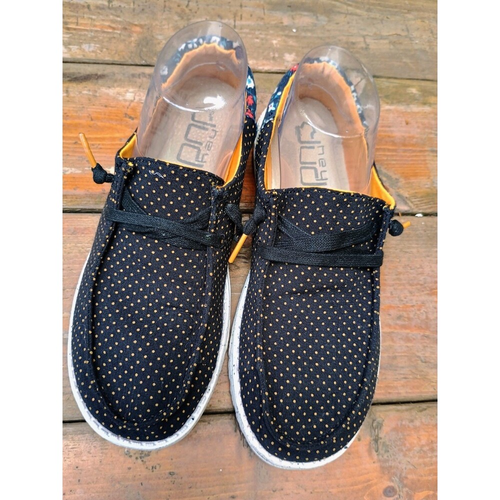 Womens 8 Hey Dude Wendy Funk Floral Dot Shoes Flats Slip On Loafers Black Yellow
